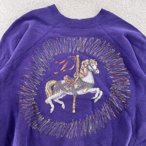 Vintage Carousel Horse Sweatshirt BOXY SHORT Medium Purple Crewneck 90s Made USA